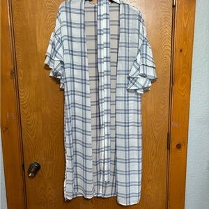 Casual Long Plaid Kimono, White with Green and Purple Plaid NWOT